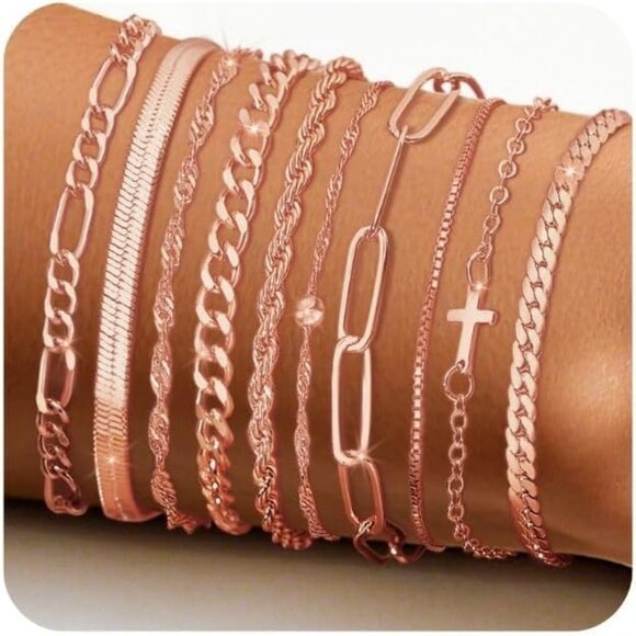 Gold Women’s Stack Bracelets Set 10 Pcs Rose Gold Chain & Paper Clip Jewelry - Picture 1 of 7